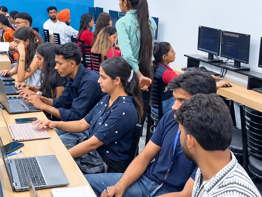 Students on laptops in the "Welcome to the next level" lab