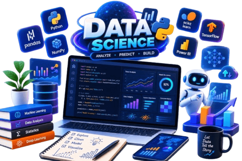 A data science desk: a laptop running Python analysis beside its dashboard of trend charts, model accuracy and a confusion matrix, ringed by the Python, pandas, NumPy, scikit-learn, TensorFlow and Power BI logos and books on machine learning, data analysis, statistics and deep learning