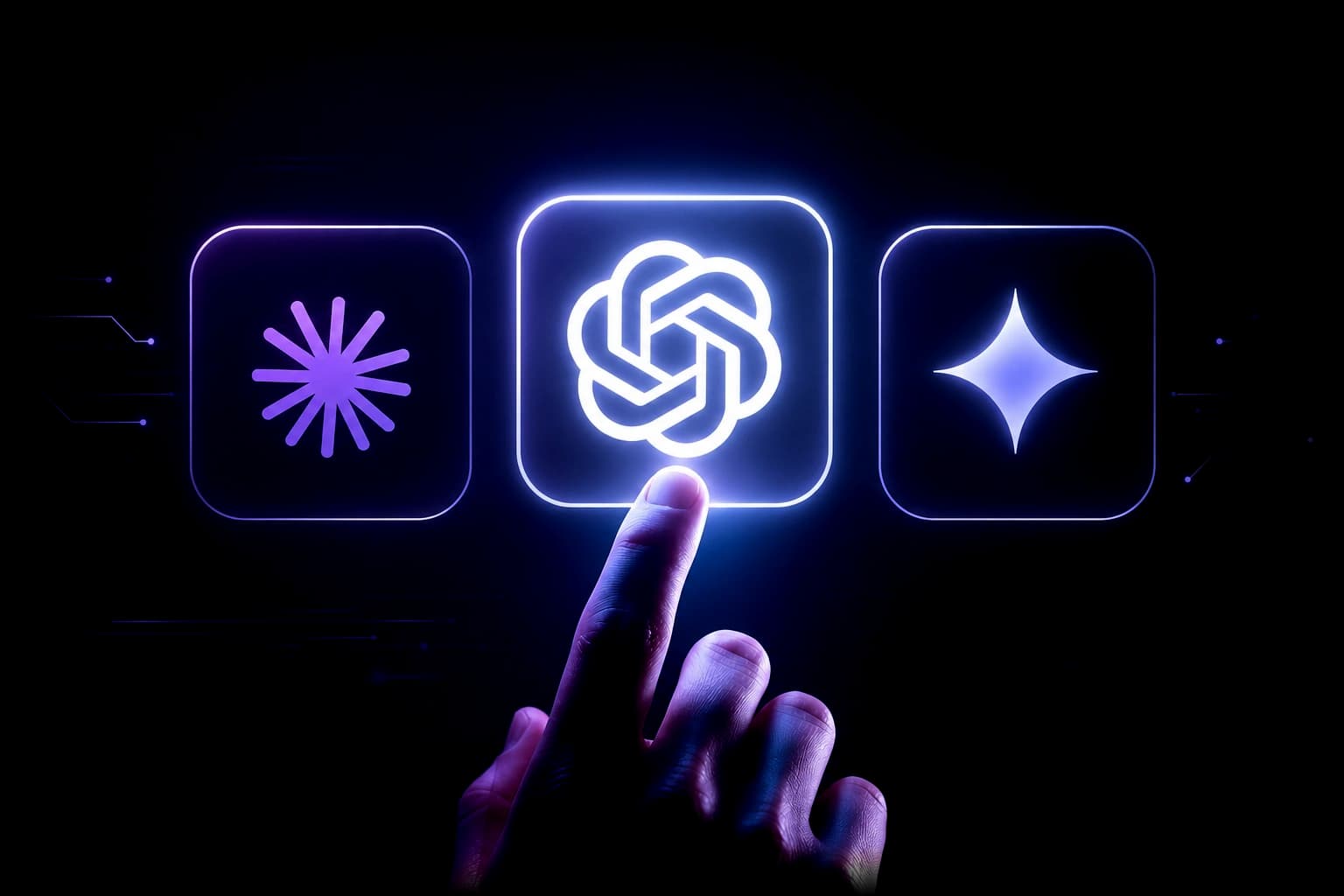 A hand reaching for a glowing ChatGPT tile between two other generative AI model tiles