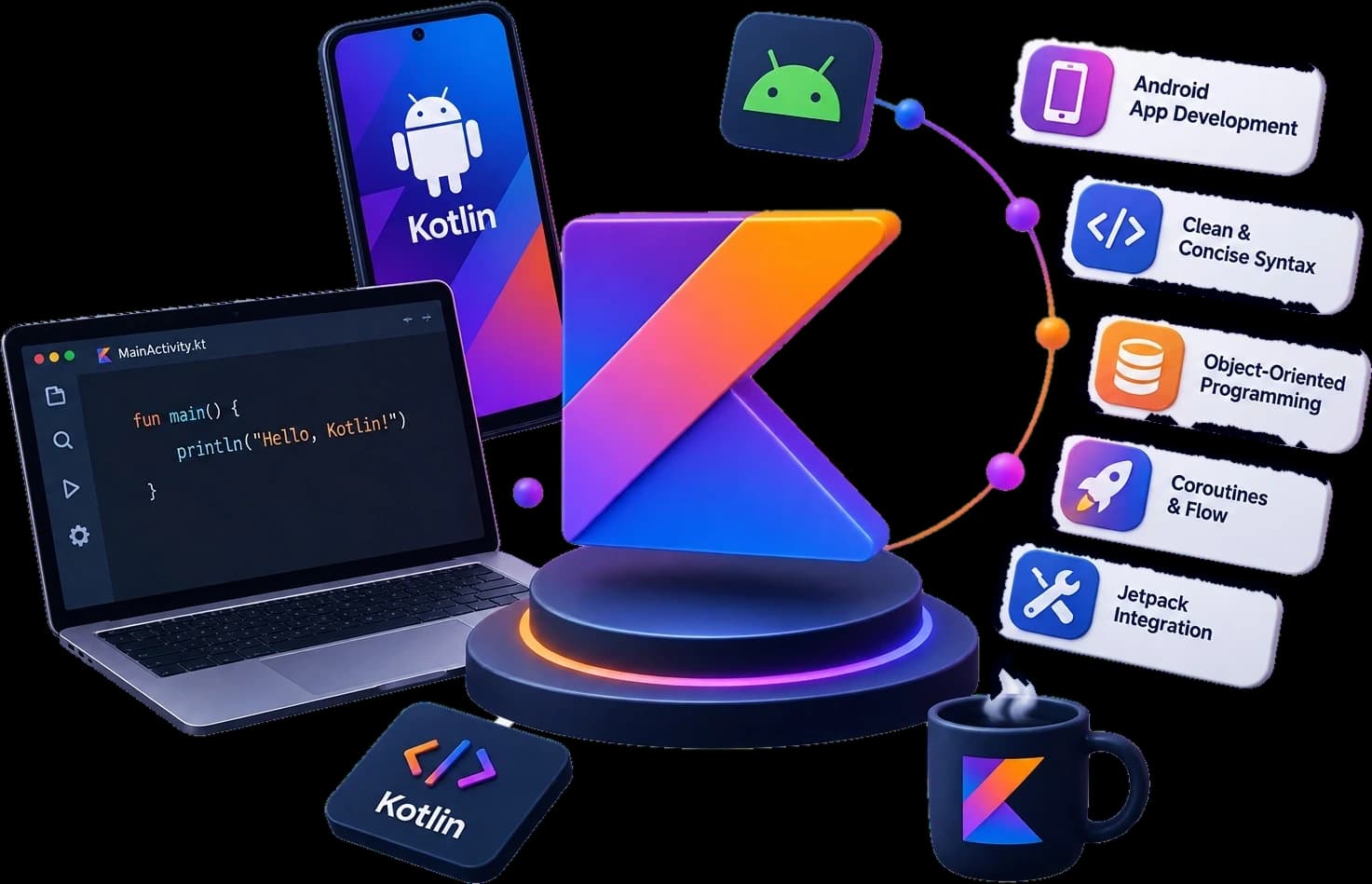 The Kotlin logo on a lit podium beside a phone running an Android app and a laptop with a Hello World function, with the course's topics: Android development, OOPs, coroutines and Jetpack
