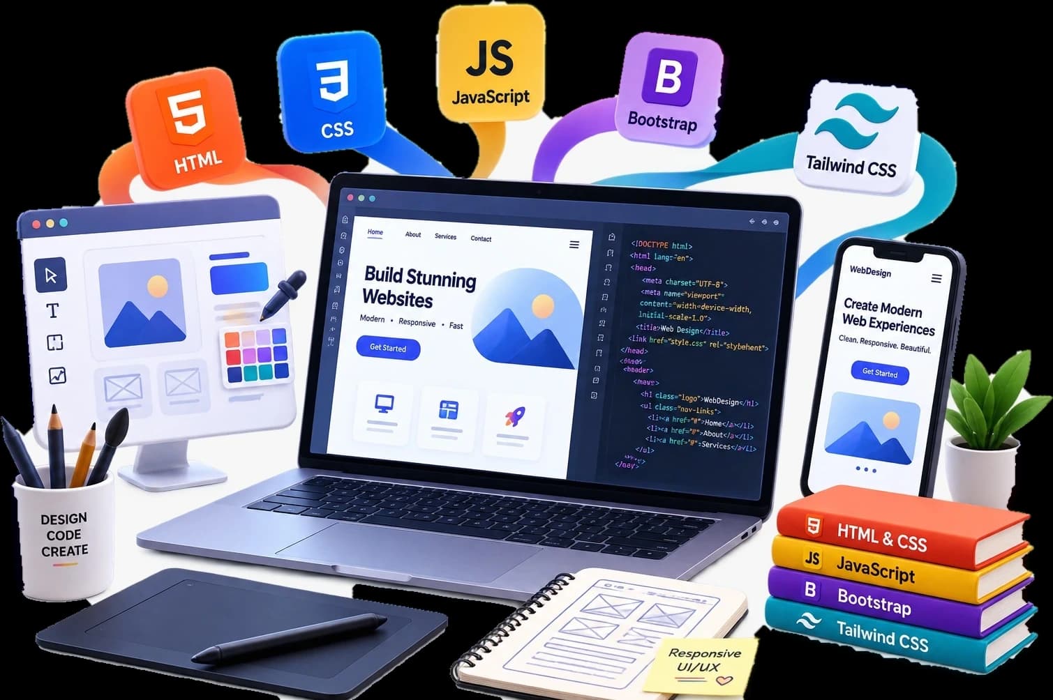 A web design desk: a laptop showing a landing page beside its markup, a wireframing window, a drawing tablet and books on HTML & CSS, JavaScript, Bootstrap and Tailwind