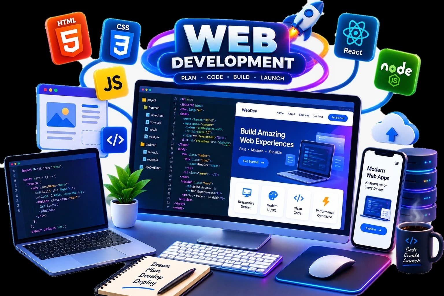A web development desk: a monitor showing code beside the site it builds, a laptop running React, and a phone preview, ringed by the HTML, CSS, JavaScript, React and Node.js logos