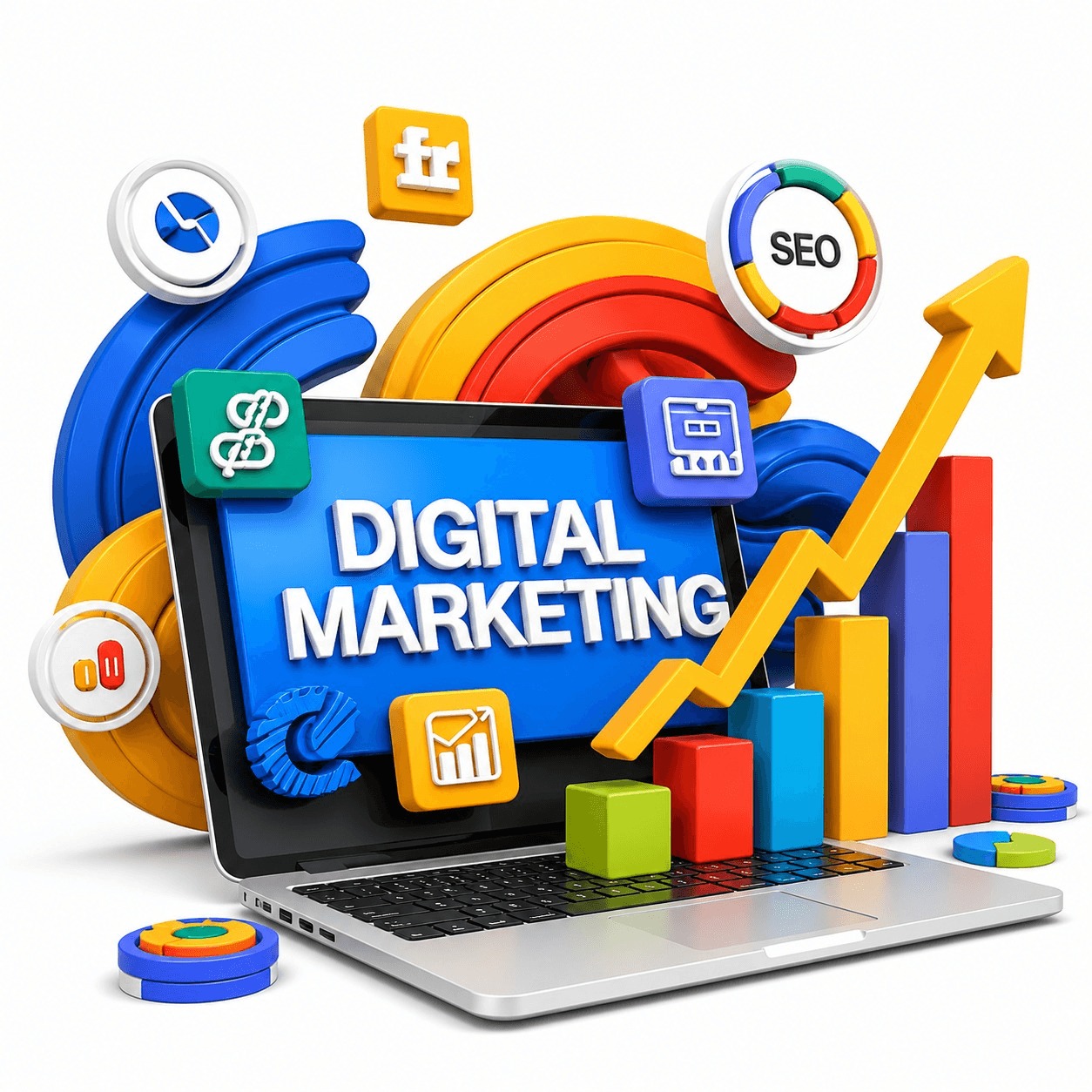 A laptop reading Digital Marketing surrounded by the tools the course covers: SEO, analytics dashboards, ad formats and a rising performance graph