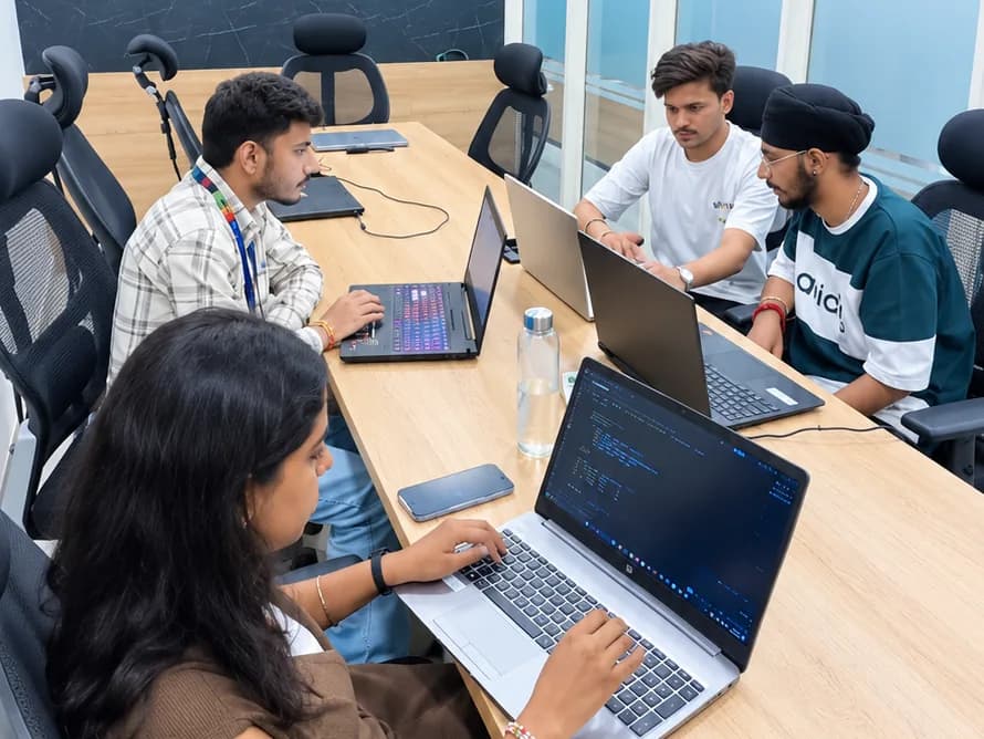 Students working through code together in the project room