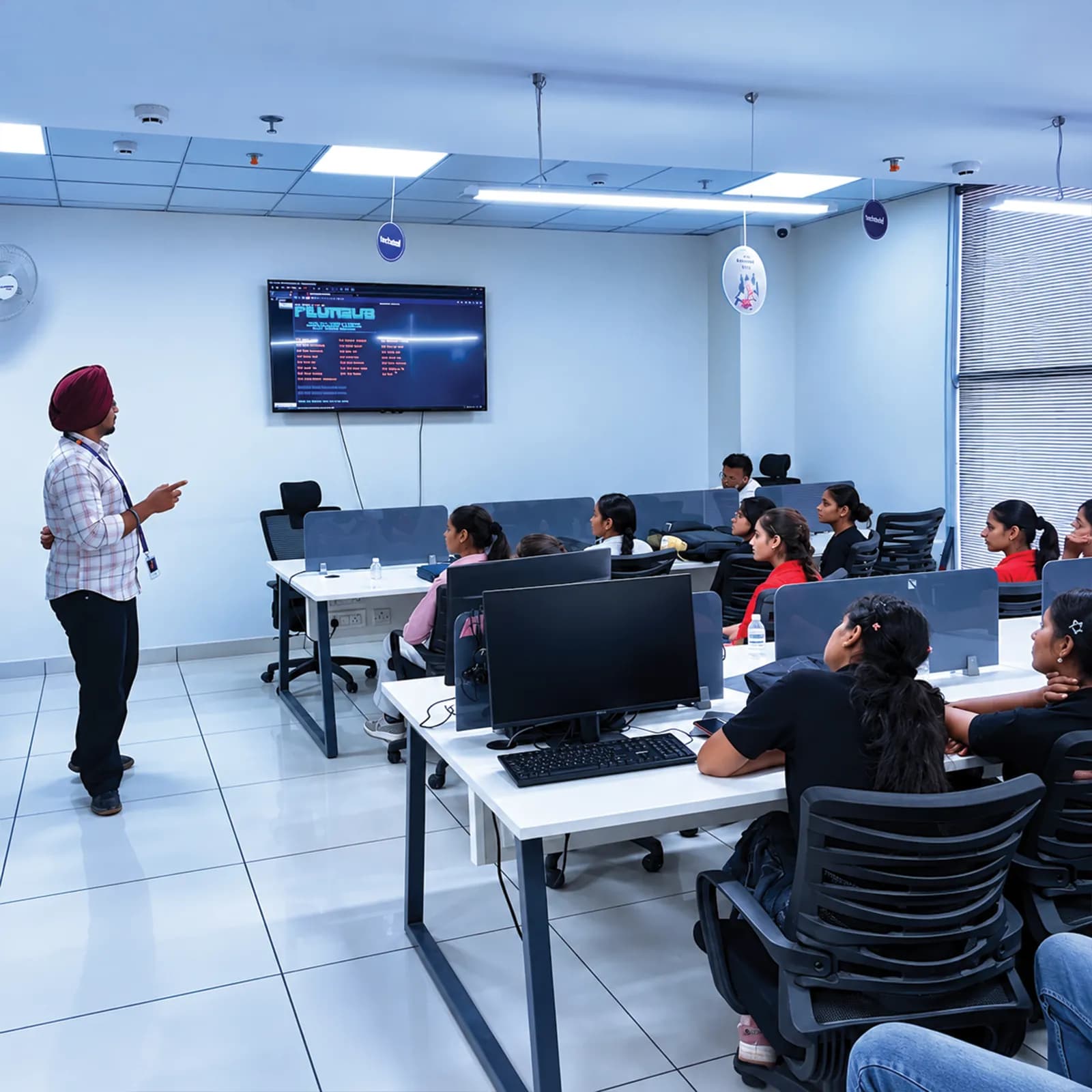 Trainer explaining a terminal session on the wall screen