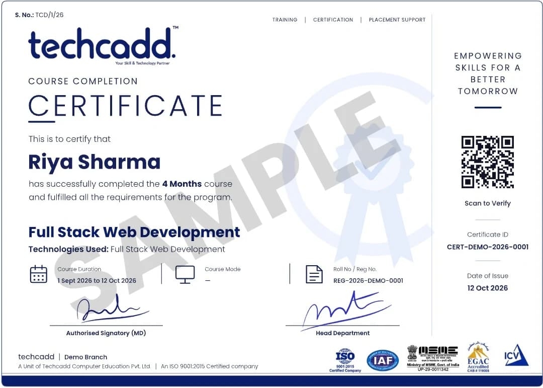 Sample TechCADD course completion certificate