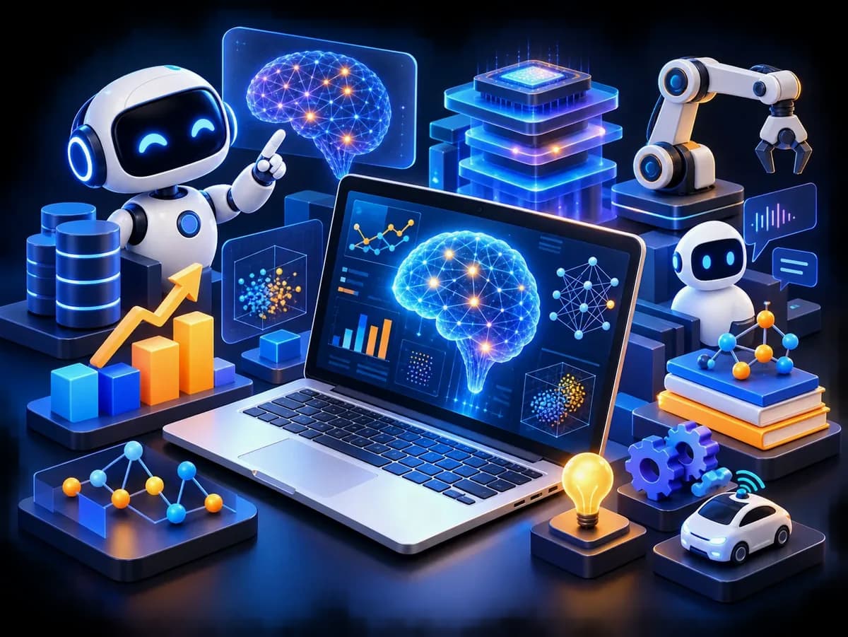 A laptop showing a neural network and charts, surrounded by AI robots, a robotic arm, data servers and analytics graphs
