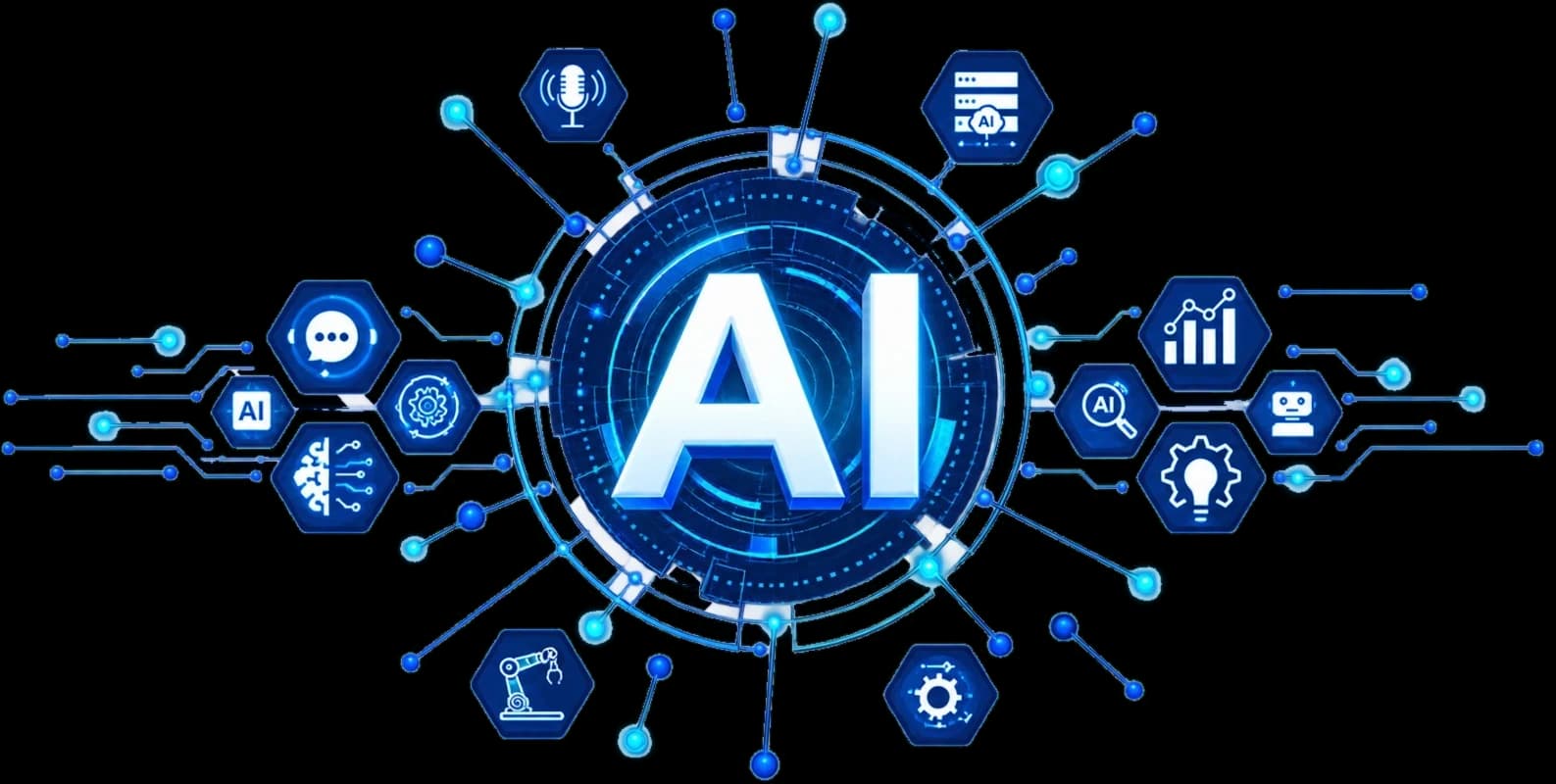 An AI core on a circuit board, wired out to the fields the course covers: speech, chatbots, neural networks, computer vision, robotics and analytics