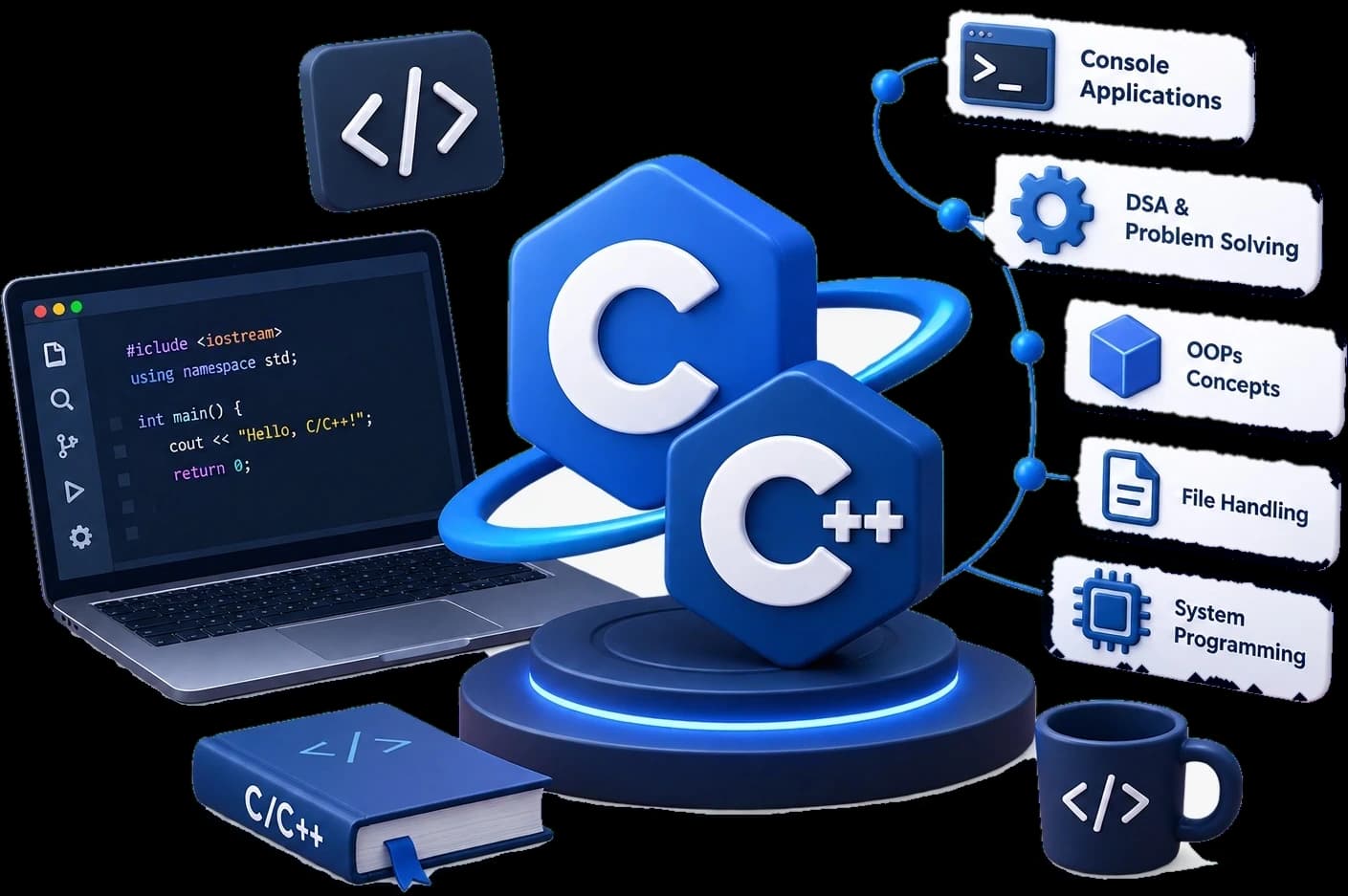 C and C++ logos on a lit podium beside a laptop compiling a Hello World program, with the course's topics: console applications, DSA, OOPs, file handling and system programming