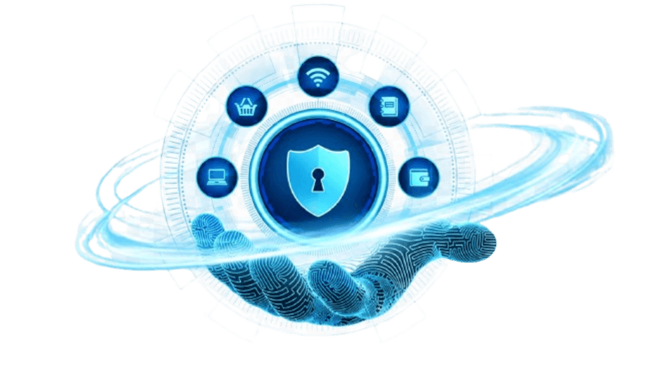 A digital hand holding a locked shield inside a ring of the assets the course protects: Wi-Fi networks, laptops, databases, wallets and online shopping