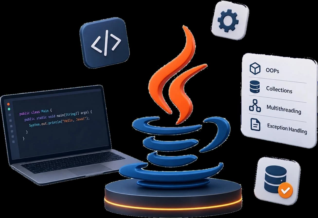 The Java logo on a lit podium beside a laptop running a Hello World class, with the course's core topics: OOPs, collections, multithreading and exception handling