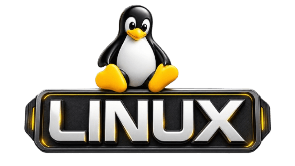 Tux, the Linux penguin, sitting on a chrome and gold Linux badge