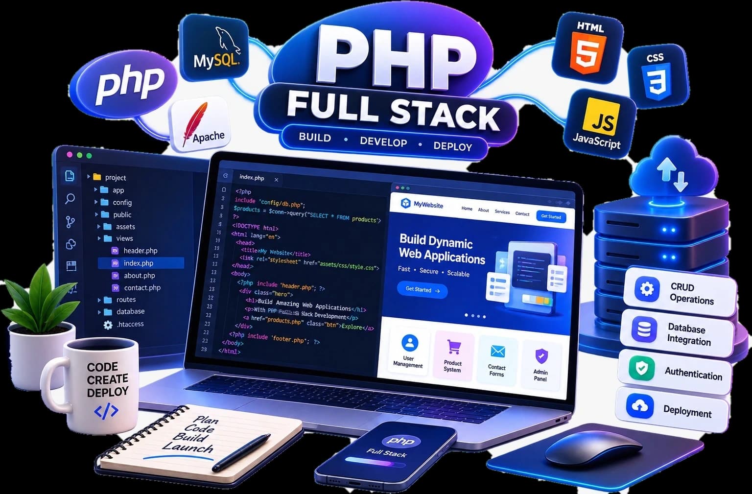 A PHP full-stack workspace: a laptop showing index.php beside the site it renders, ringed by the PHP, MySQL, Apache, HTML, CSS and JavaScript logos
