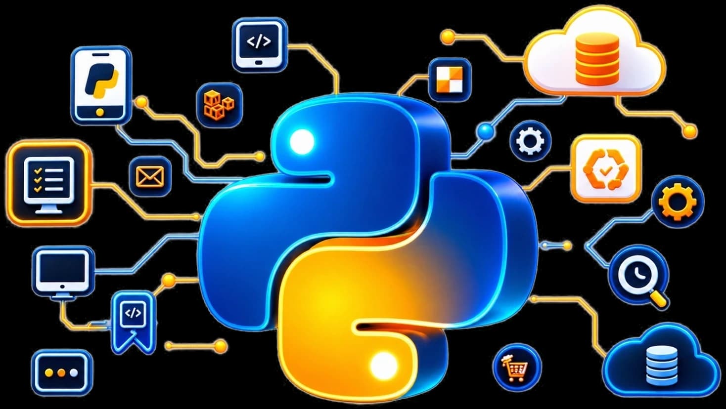 The Python logo wired to the tools the course covers: APIs, databases, cloud services, automation and testing