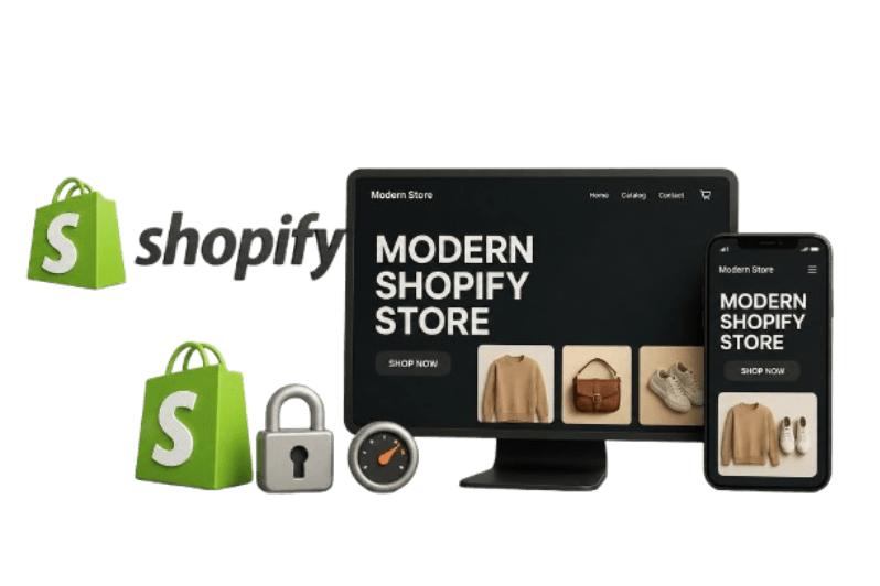 A Shopify storefront running on a monitor and a phone beside the Shopify logo and wordmark, with a padlock and a speed dial for store security and performance